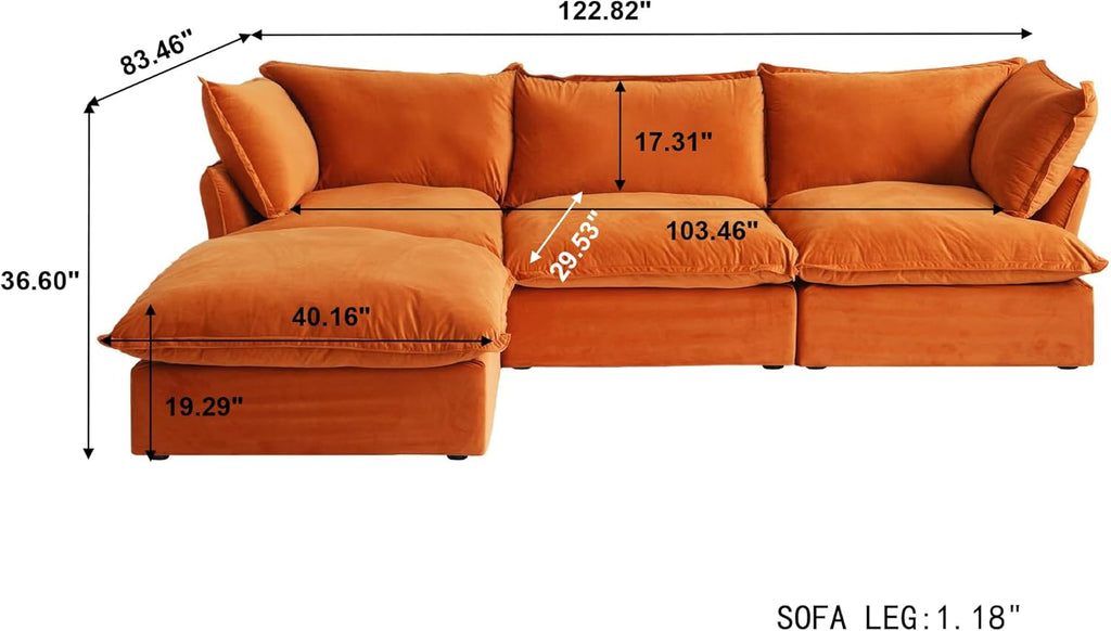 L-Shaped Modular Couches, Deep Seat Sectional Couch with Chaise Ottoman, Modern Comfy Cloud Sectional Sofas, Cushion Covers Removable, Two Corners and A Middle Sofa for Living Room (Orange)