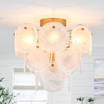 Modern Flush Mount Glass Ceiling Light, Gold Hallway Lights Vintage Chandelier, 4-Light Unique Light Fixture Entryway