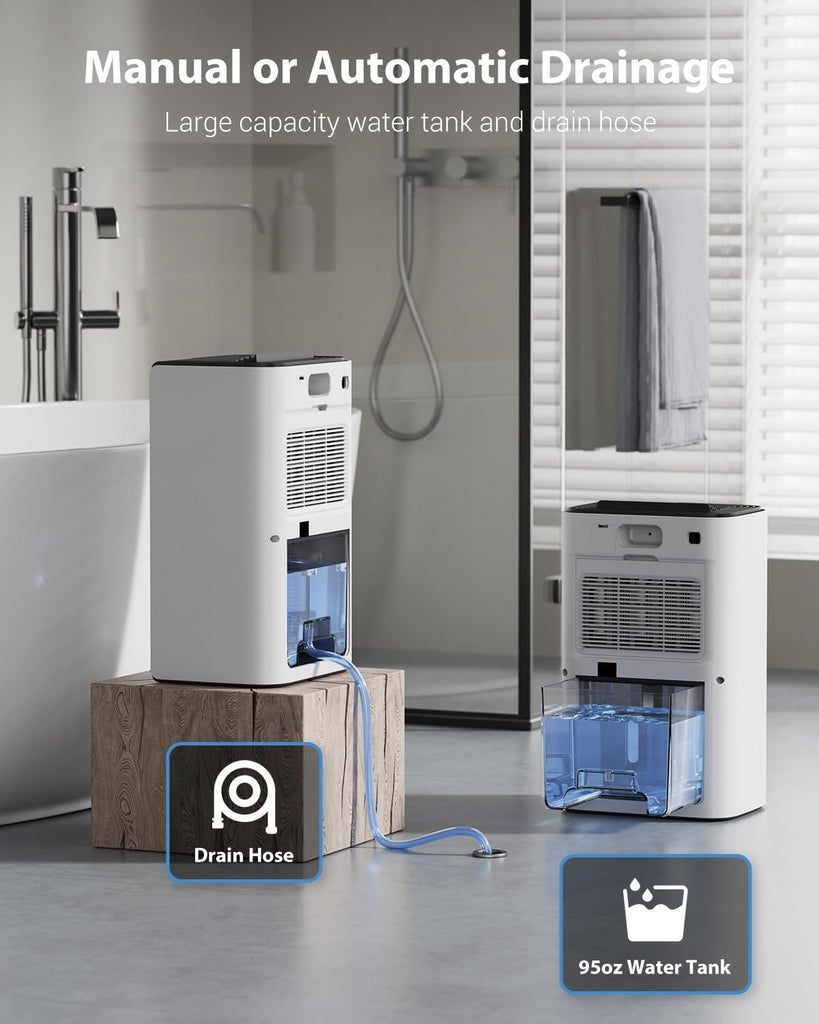 95oz Dehumidifiers for Home, 1000 Sq.Ft Dehumidifier with Drain Hose - Auto Shut Off, Timer, Sleep Mode & Drain Hose