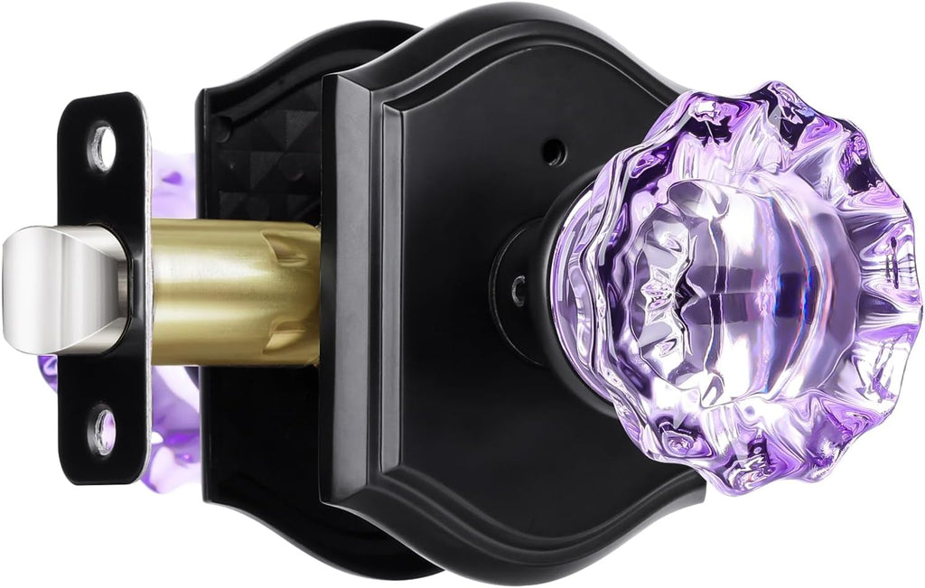 Purple Glass Door Knobs Interior with Lock, Matte Black Crystal Privacy Door Knobs Bathroom, 1 Pack