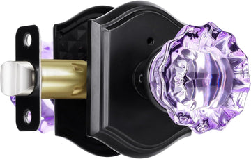 Purple Glass Door Knobs Interior with Lock, Matte Black Crystal Privacy Door Knobs Bathroom, 1 Pack