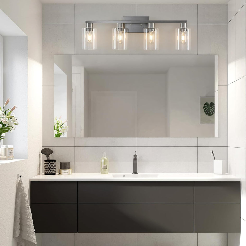 4 Light Bathroom Light Fixtures, Brushed Nickel Modern Bathroom Vanity Light with Clear Glass Shade, Bathroom