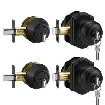 Matte Black Exterior Door Knob and Single Cylinder Deadbolt, Keyed-Alike Entry Locksets with Lock and Key 2 Pack Set