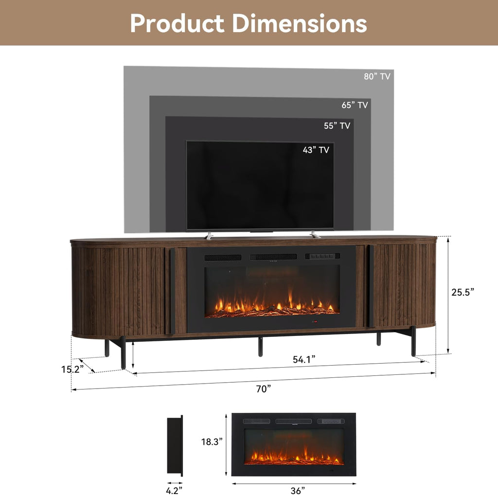 70" Fluted TV Stand with Fireplace, Mid Century Modern TV Stand, Entertainment Center for TVs Up to 80"