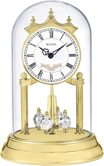 Bulova B8821 Heather Anniversary Clock - 9" Glass Dome Design - Rotating Crystal Pendulum - Westminster Chime - Engraving Plate