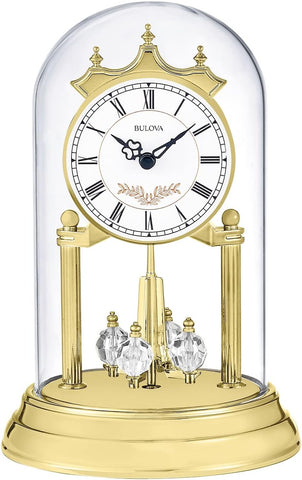 Bulova B8821 Heather Anniversary Clock - 9" Glass Dome Design - Rotating Crystal Pendulum - Westminster Chime - Engraving Plate