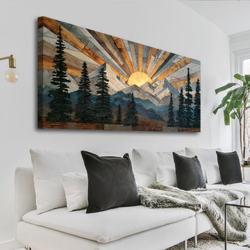 Boho Rustic Farmhouse Mountain Wall Art Sunrise Pine Tree Forest Nature Scenery Paintings Pictures Wall Decor Wood