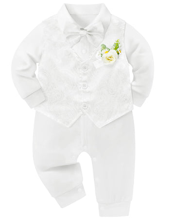 Baby Boy Suit Gentleman Clothes Wedding Christening Baptism Outfits Formal Jumpsuit Long Sleeve Romper+Vest White 0-3