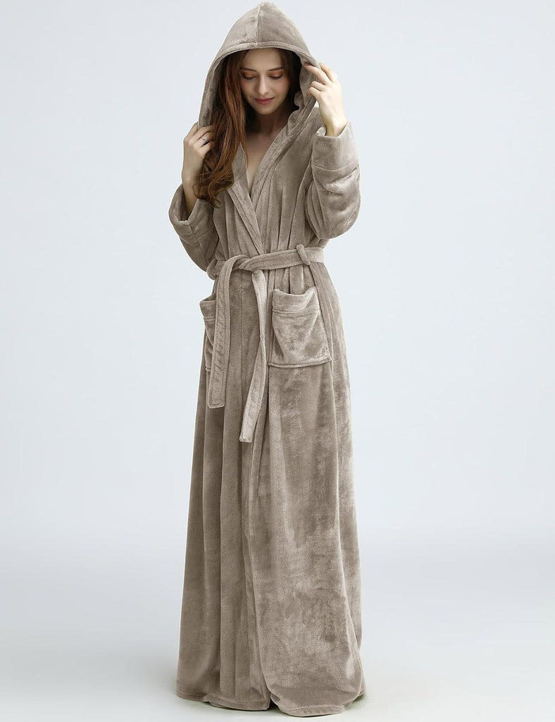 Womens Fluffy Plush Long Hooded Robe Full Length Fleece Bathrobe | Super Soft Cozy Thick Bath Robe, Luxury Premium