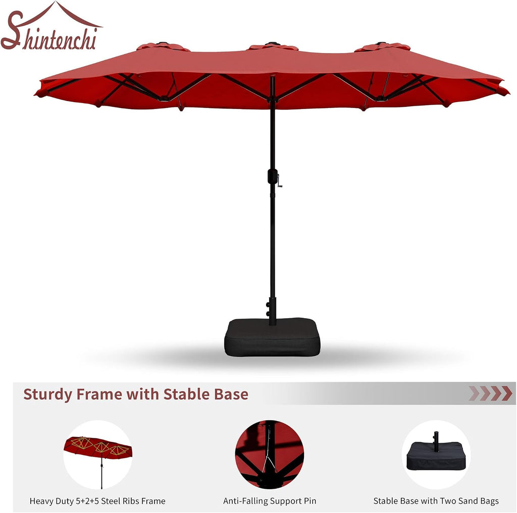 16FT Large Patio Umbrella with Base Included, Outdoor Double-Sided Rectangular Shade with Crank Handle Red