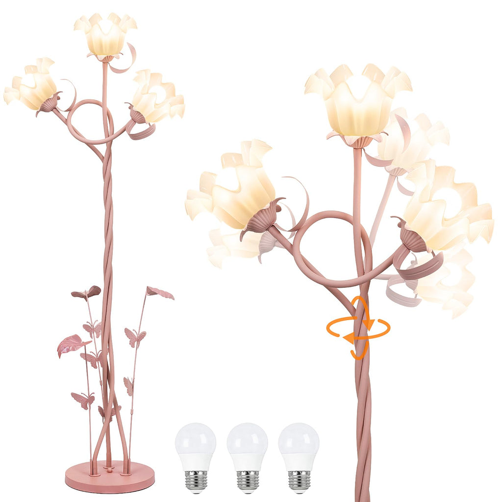 Flower Floor Lamp, 3-Head Whimsical Pink Floor Lamp with Flexible Gooseneck, 67'' Tall Retro Floral Standing Lamp