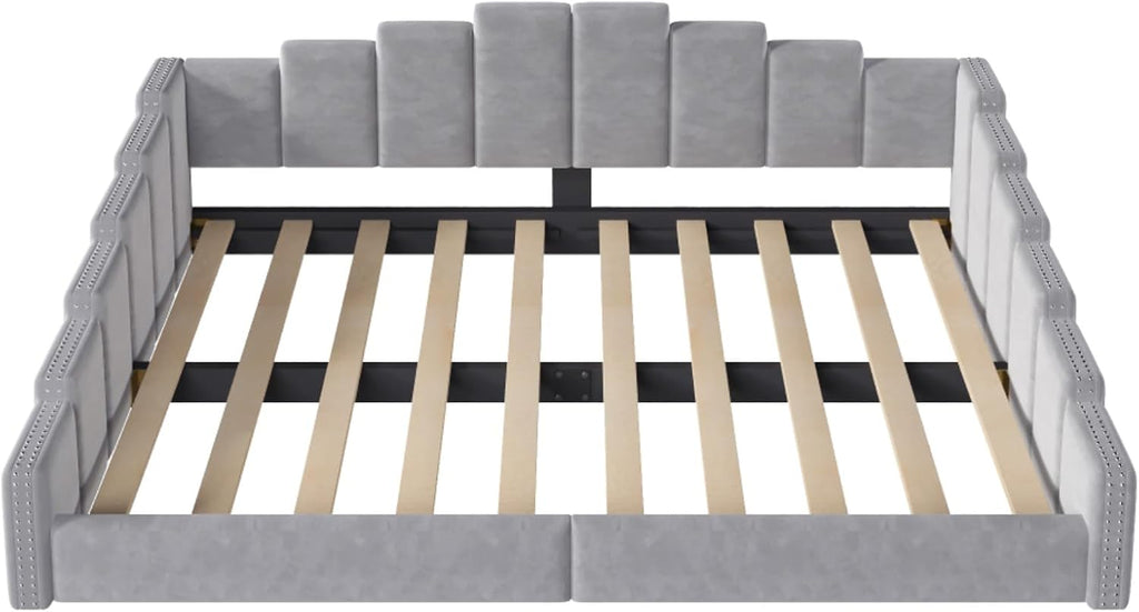 Queen Size Upholstered Daybed with Nailhead Trim Armrest, Gray | Velvet Vertical Channel Tufted Day Bed with