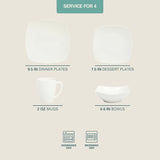 Zen Buffet White Porcelain Dinnerware Set for 4, Square Plates Bowls and Mugs, Chip and Scratch Resistant
