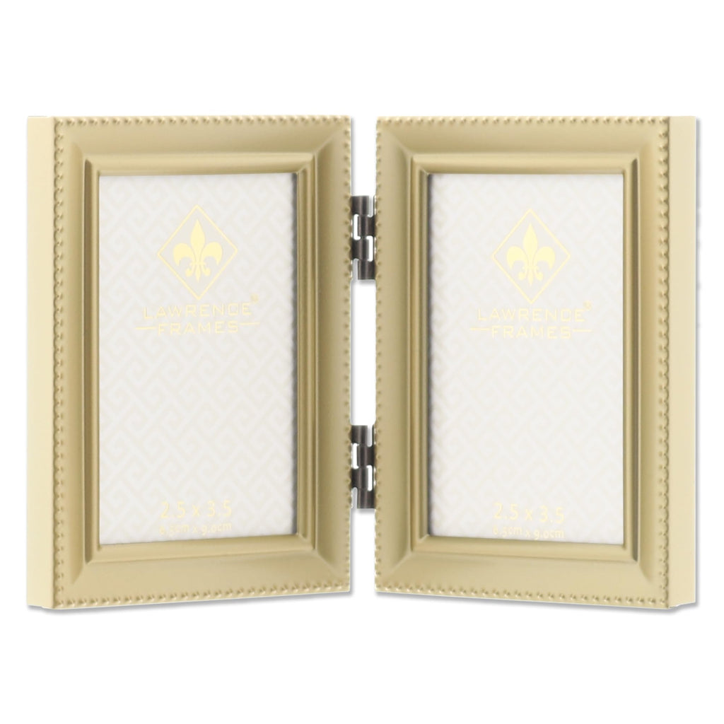 Brushed Brass Hinged Double 2.5x3.5 Picture Frame-Beaded Edge Design