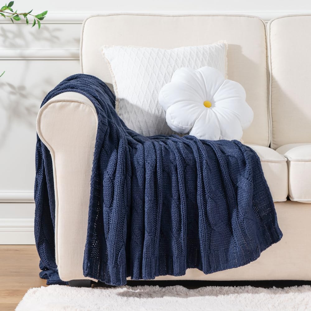 Navy Cable Knit Throw Blankets, Super Soft Warm Cozy Decorative Knitted Throw Blanket, Chair 50"x60"
