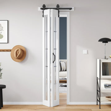 Bifold Barn Door 24x84 Inch (Double 12x84), Preassembled White Frosted Glass Cross Transparent Bifol