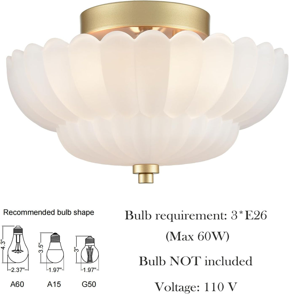 Gold Flush Mount Ceiling Light with Scalloped Frosted Milk Glass | Modern Brass Semi Flush Mount Ceiling Light