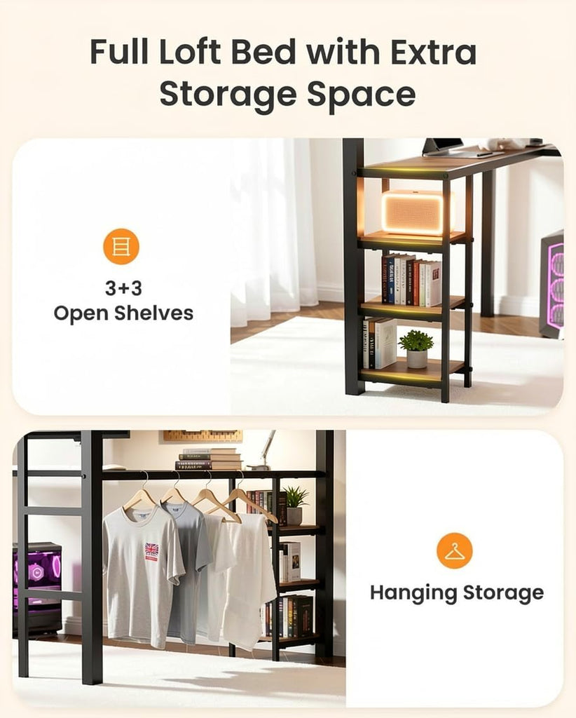Full Loft Bed with Desk & Open Shelves, Heavy Duty Metal Bed Frame with Safety Guardrails & Ladder