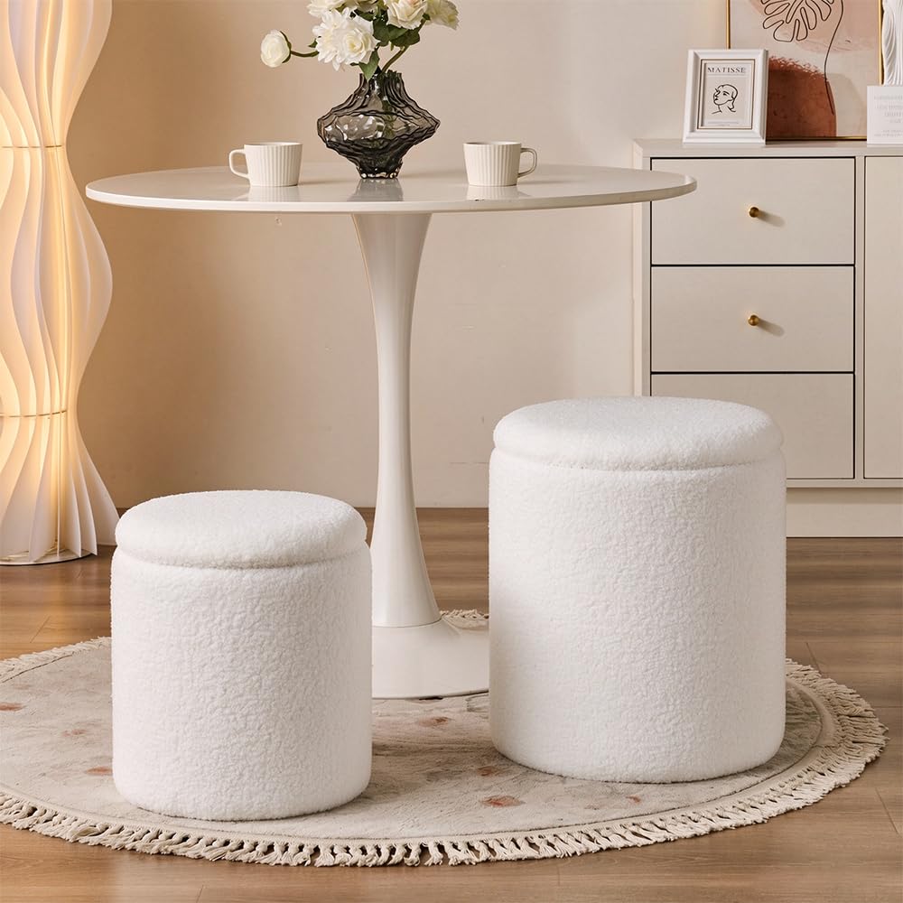 Set of 2 Round Storage Ottoman, White Sherpa Ottoman with Storage