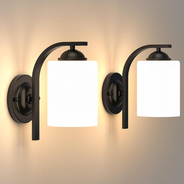 2-Pack Wall Sconces , Matte Black Farmhouse Wall Light Fixtures with Glass Shade, Modern Vanity Wall Lamps