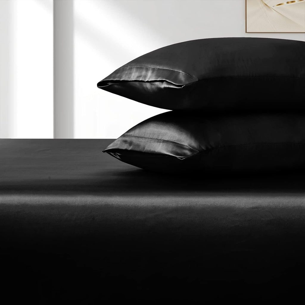 3pcs Extra Deep Pocket Satin Fitted Sheet Set Bed Set, Black Bottom Sheet Fit 18-24 Inch Deep Pocket Mattress