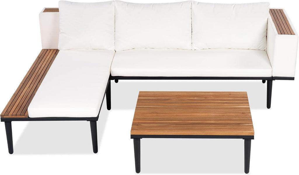 Acacia Wood Outdoor Sectional Sofa Set - Luxury L-Shaped Patio Furniture with Removable Cushions, Coffee Table & Side