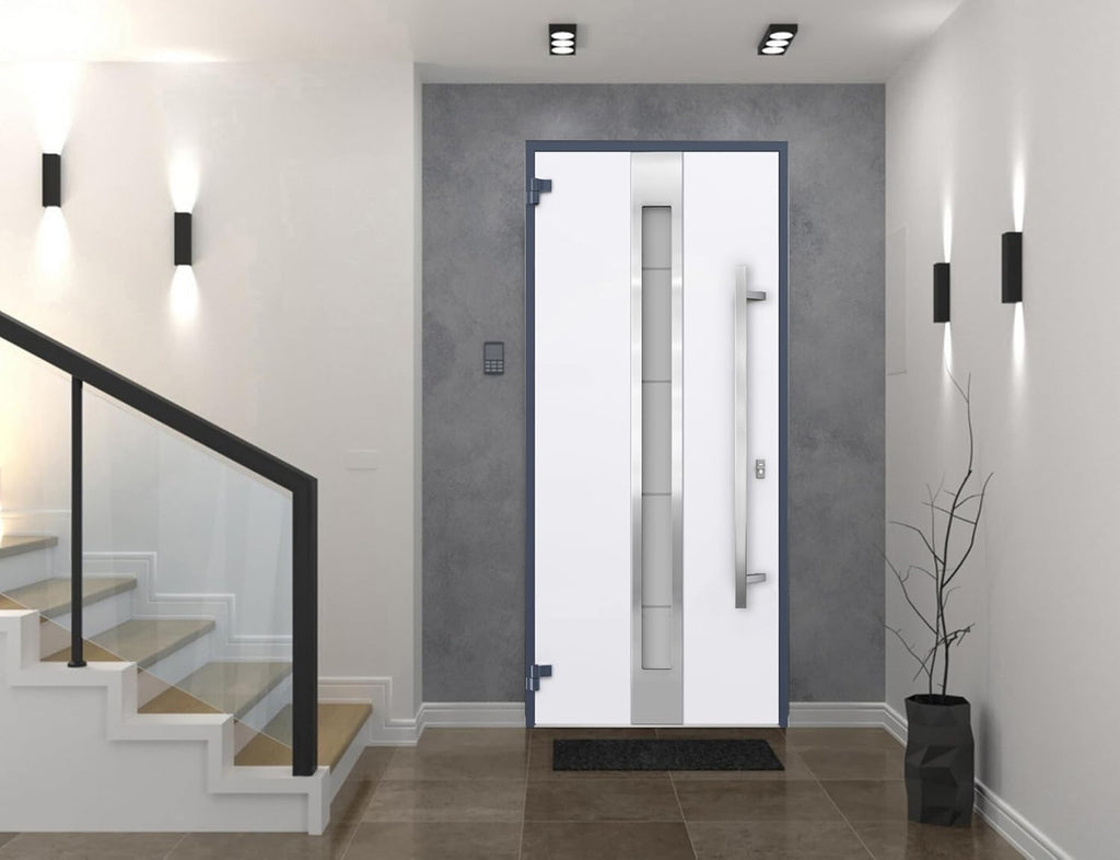 Modern Steel Front Exterior Door 36 x 80 inch | Prehung Insulated Security Entry Door with Frosted Glass Insert
