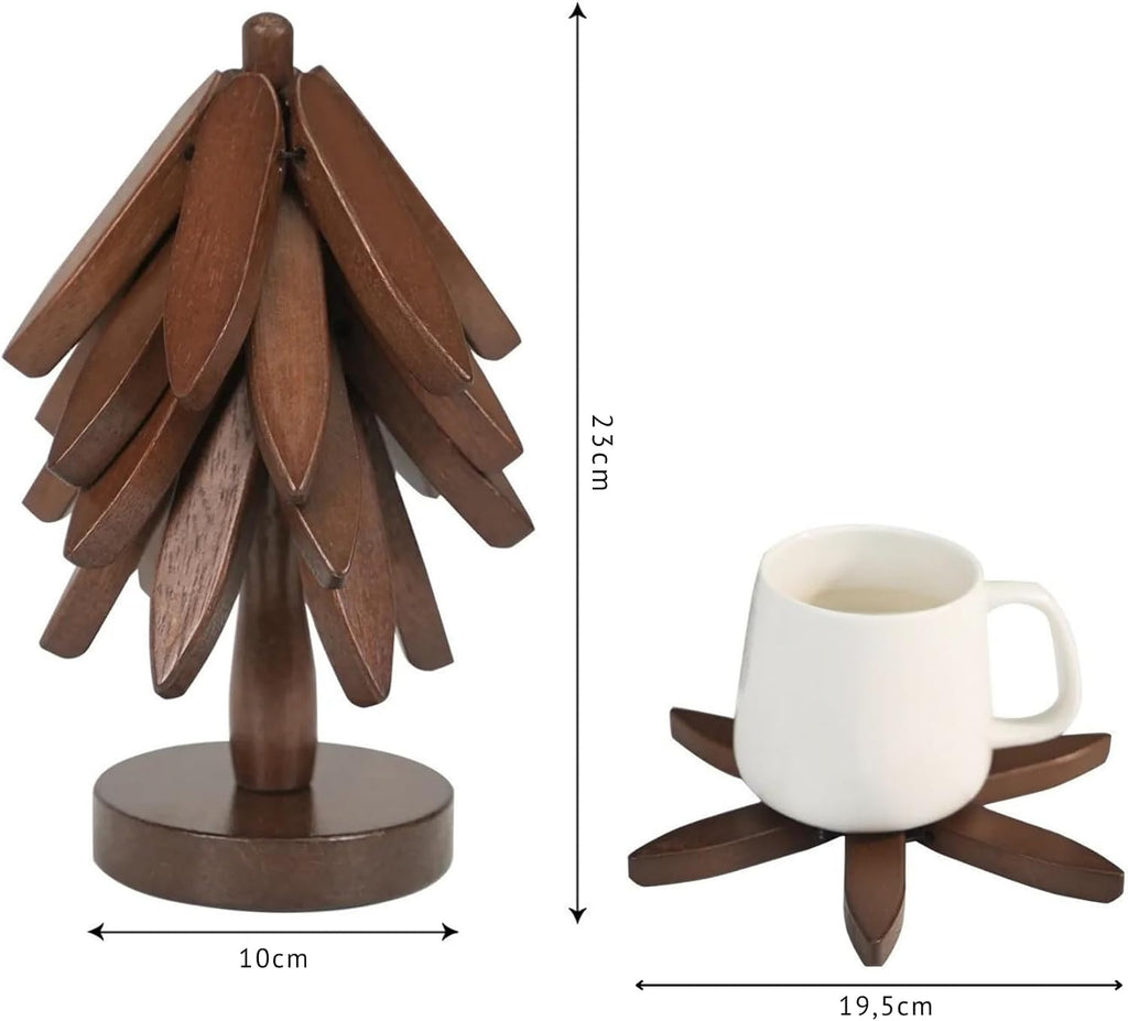 Artisanal Wooden Coasters Trivets Set - Foldable Wooden Tree Trivet with 4 Coasters & Stand - Heat Resistant Hot - Set of 4