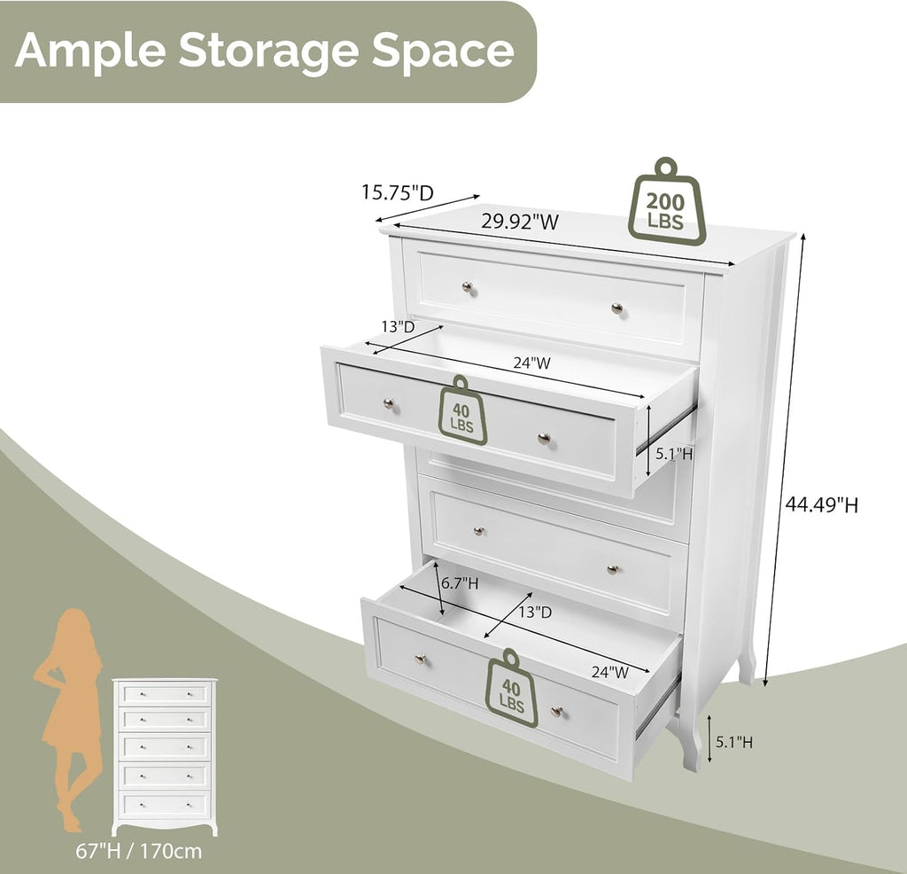 White Dresser 5 Drawer Chest of Drawers , 44.5" Tall Wood Dresser with Drawers, 29.92" W*15.75" D*44.49" H