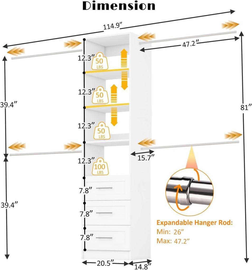 Closet Organizer System with Drawers, Wall Mounted 5FT-9FT White | 3 Wooden Storage Drawers, 4 Expandable Hanging