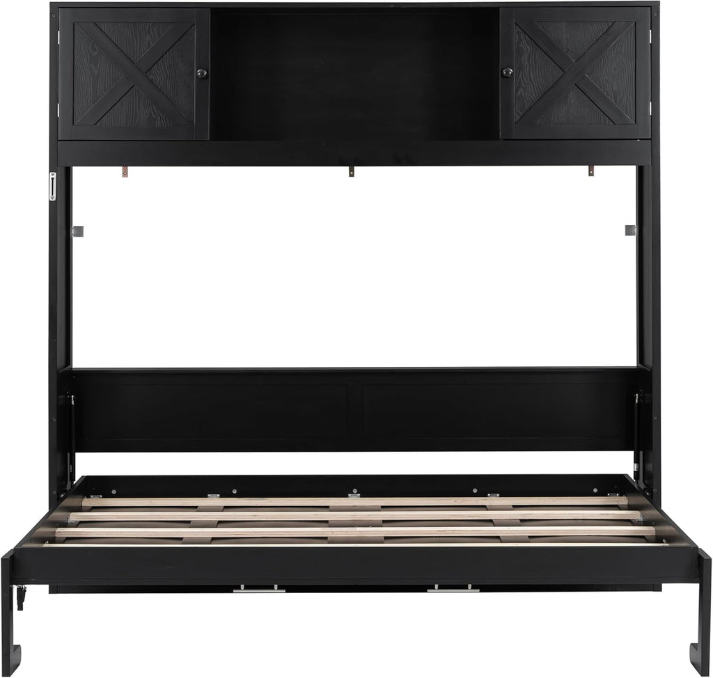 Full Horizontal Murphy Bed with Storage Cabinets,Solid Wood Farmhouse Hideaway Folding Farmhouse Murphy Wall Bed