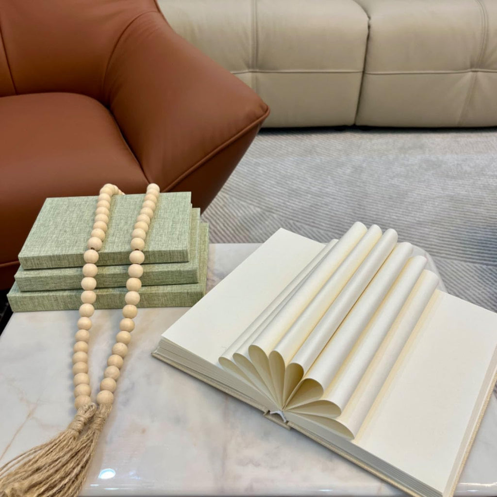 Linen Decorative Books with Wood Beaded Tassel, 4-Piece Sage Set | Coffee Table Books, Neutral Linen Decor, Rustic