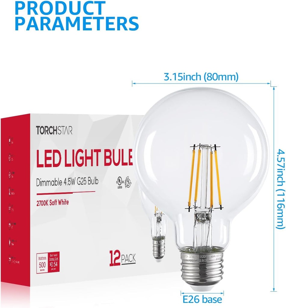 12-Pack G25 Globe Light Bulbs LED Dimmable, Round Clear Vanity Light Bulb for Bathroom, LED Edison Bulb, 4.5W(60W
