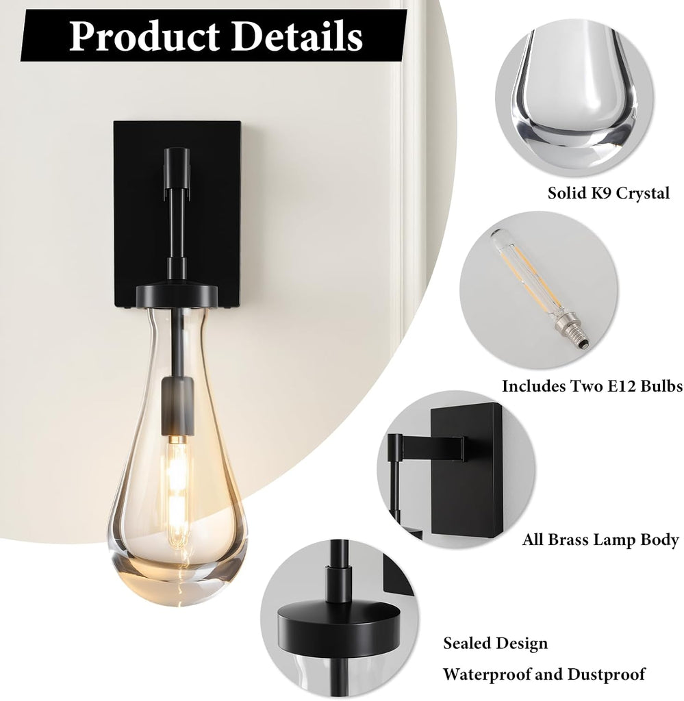 Raindrop Brass Crystal Wall Sconce: Set of 2 Clear Solid Indoor Sconces with Bulbs - Dimmable Vanity Lamp - Luxury