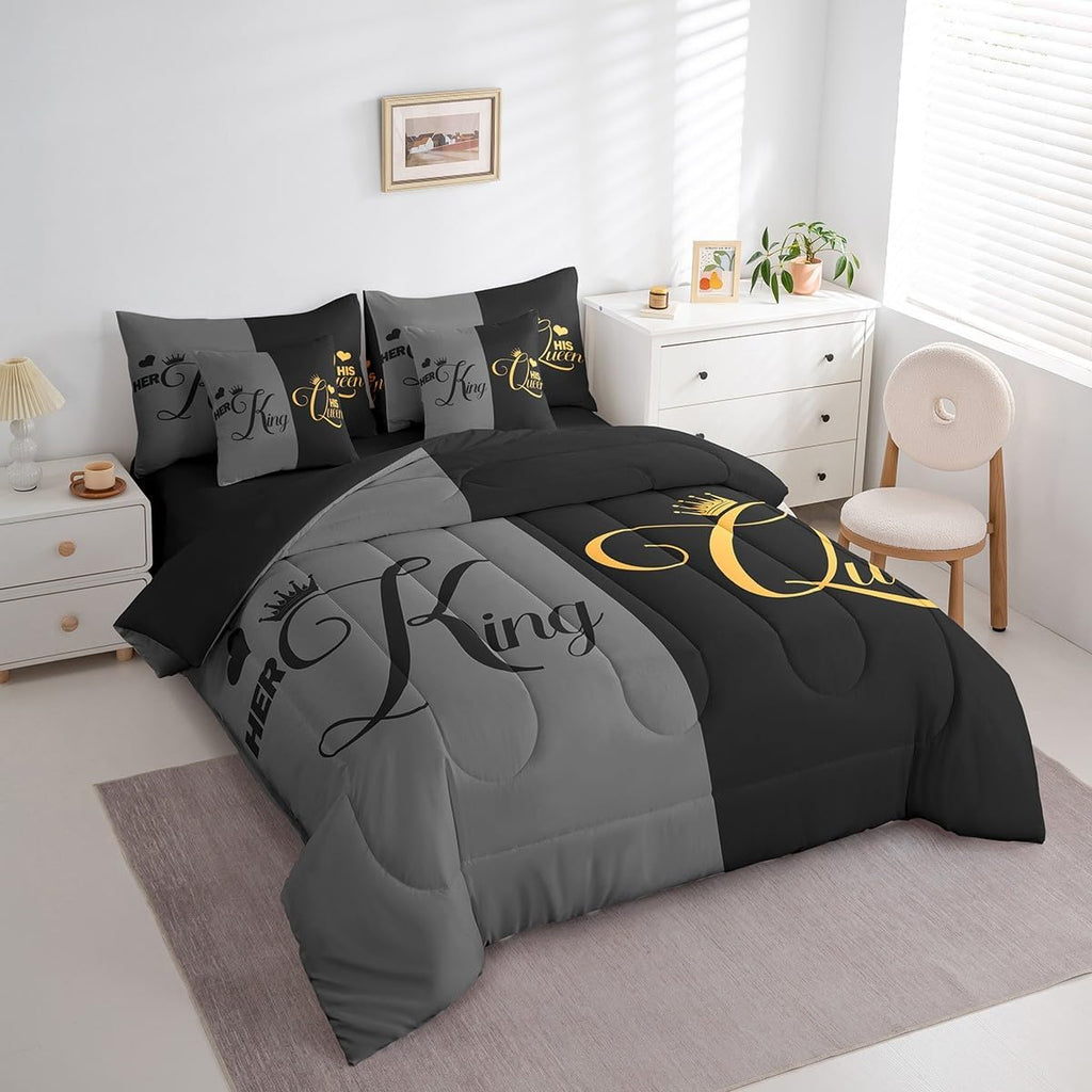 King and Queen Comforter Set 7 Piece Bed in a Bag Twin,Her King and His Queen Crown Comforter and Sheet Set,Romantic - Set of 7