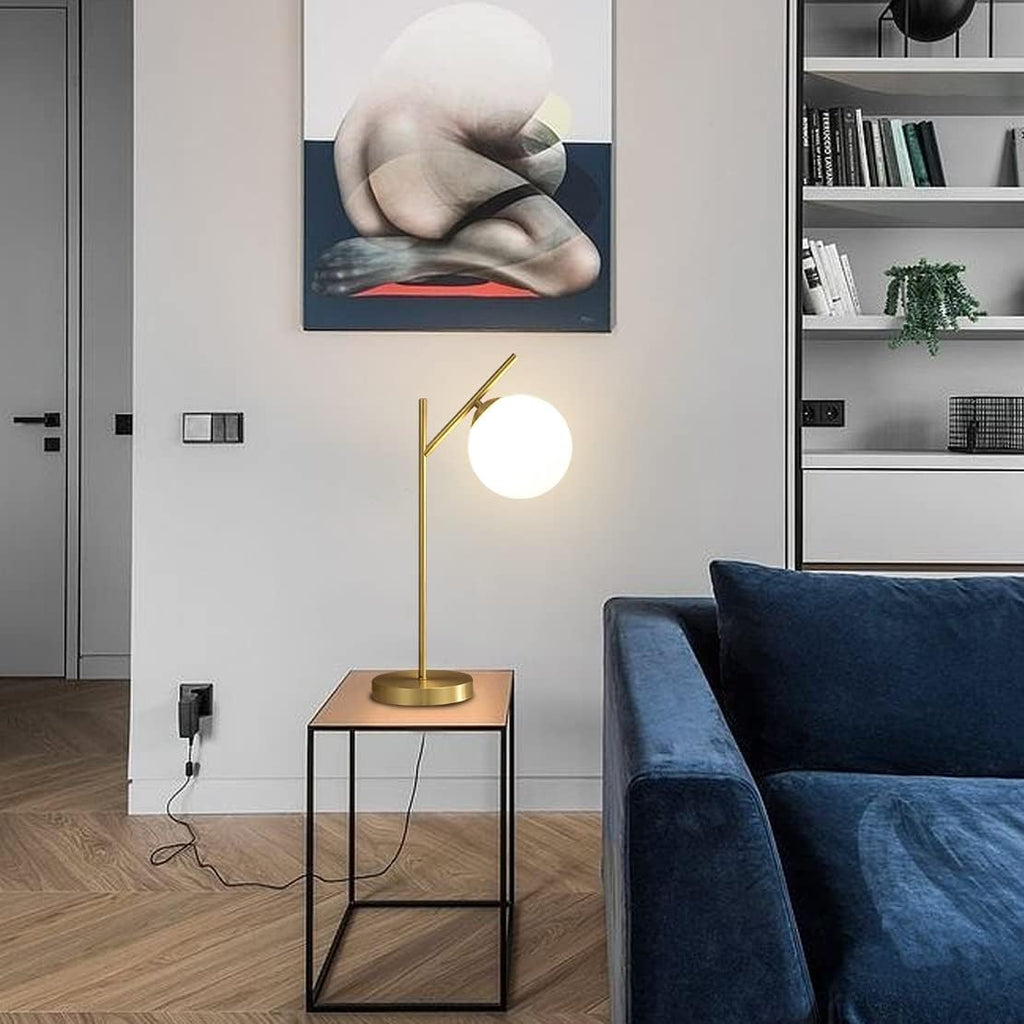 Mid Century Modern Table Lamp, 1 Light Brass Glass Globe Bedside Lamp