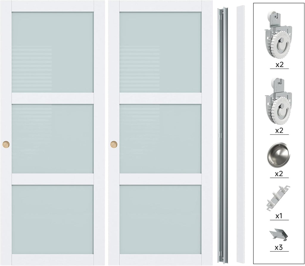 60"×80"(Double 31") Sliding Closet Door, 3-Lite Frosted Glass, Bypass Barn Door with Hardware Kit In