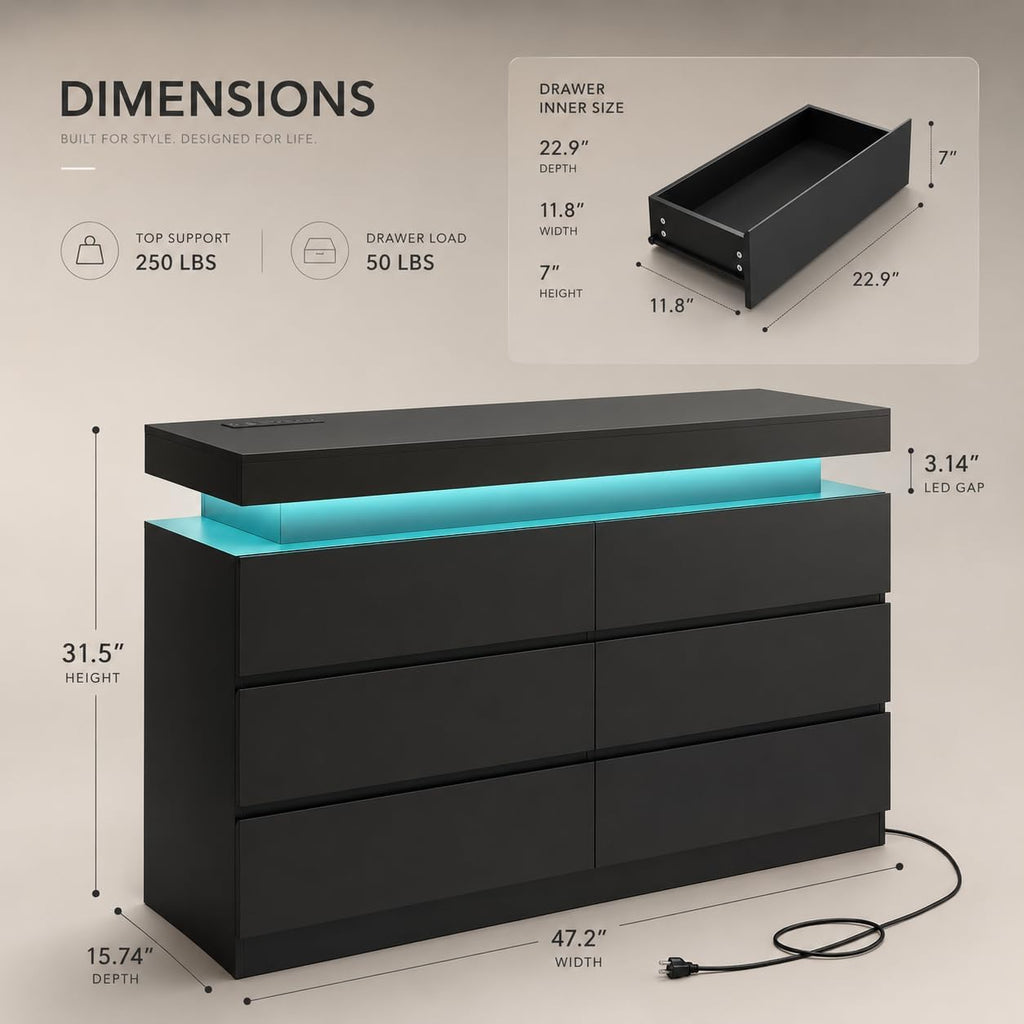 6 Drawer Dresser with LED Lights & Charging Station, Modern Floating Black Dresser , Smart Storage Chest with 2 AC