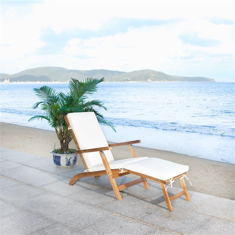 Outdoor Palmdale Chaise Lounge Chair - Brown & Beige - Solid Wood with Cushion - Deck-Chair Design - Ideal, 21.9"W