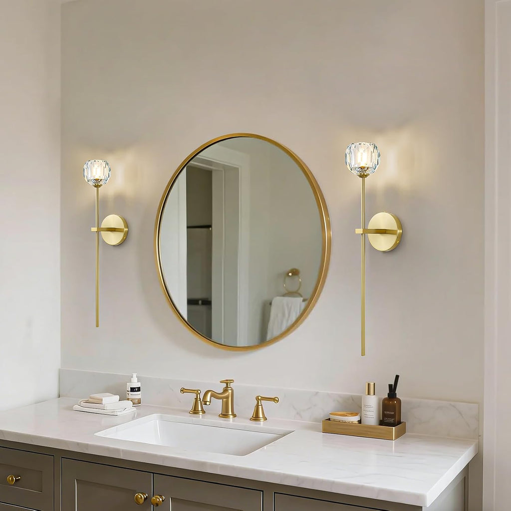 Gold Crystal Wall Sconces Set of Two with G9 Bulbs, Mid Century Modern Diamond Light Brass Vintage Long Lighting