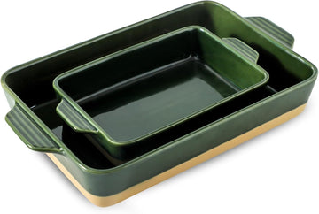 Ceramic Casserole Dish with Handles, Large 9x13 inch Pan and Middle Pan - Porcelain Serving Bakeware Set (Forest