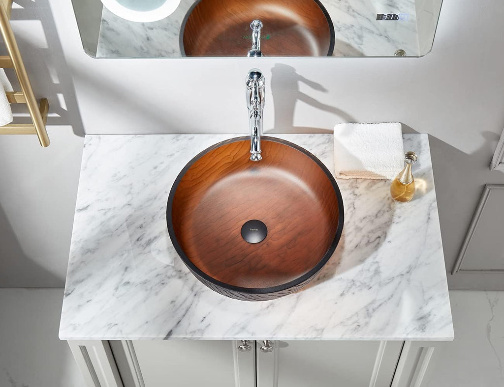 Littel Rock Series Tempered Deco Bathroom Glass Vessel Sink in Tea Matt | Top Mount Sinks Above Vanity Countertop |