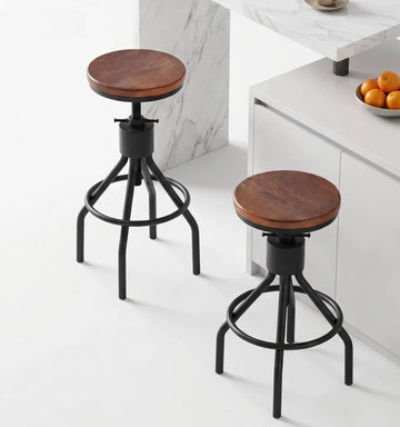 Set of 2 Industrial Bar Stools, Swivel Height Adjustable Counter Stool with Solid Wood Seat, Heavy Duty Iron Frame