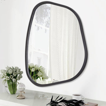 Black Asymmetrical Mirror Irregular Oval Wall Mirror Modern Wood Frame Unique Shape Wall Mounted Vanity Artistic