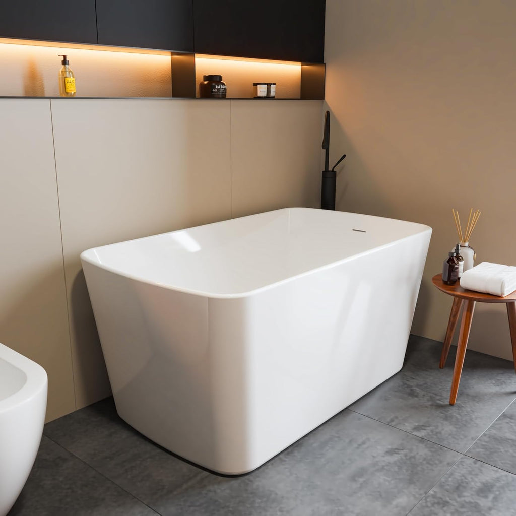 49" Acrylic Freestanding Bathtub - Japanese Square Soaking Tub with Built-in Seat & Toe-Tap Drain, Glossy White