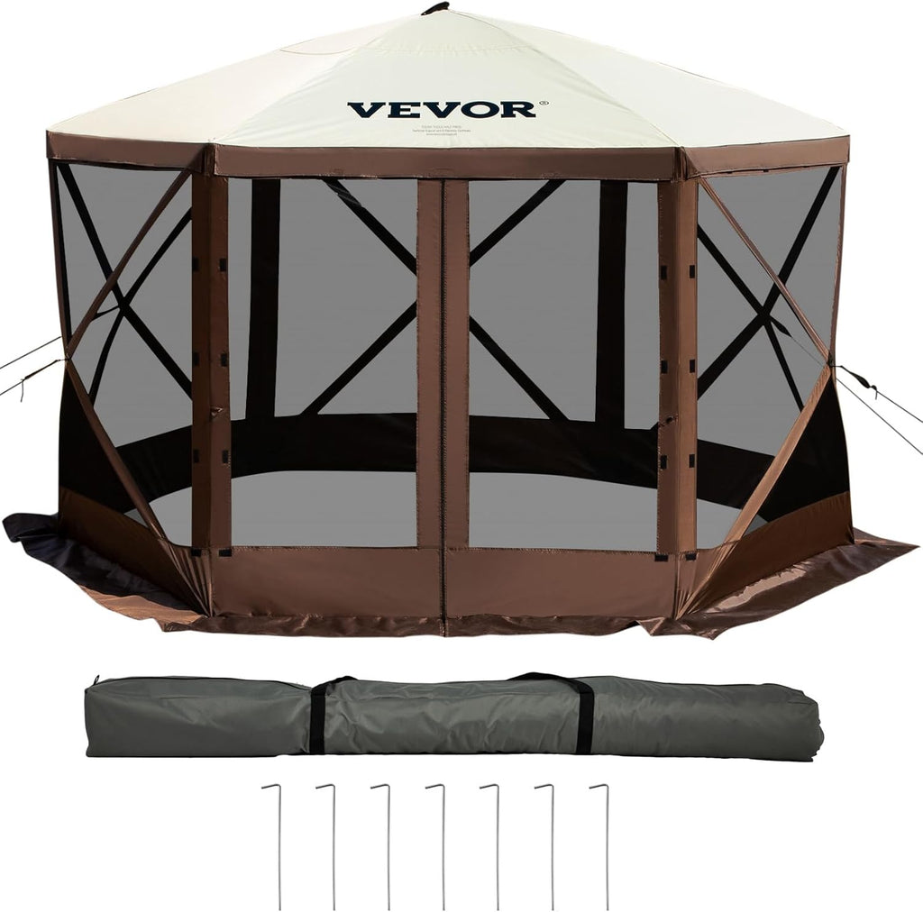 Camping Gazebo Screen Tent, 12x12ft, Brown/Beige | 6 Sided Pop-up Canopy, Mesh Windows, Portable Carry Bag & Stakes