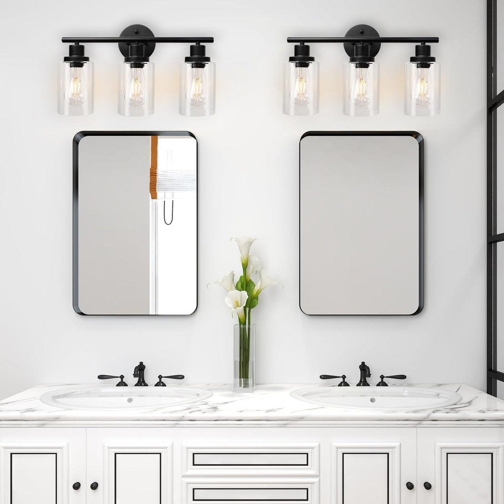 Modern Bathroom Light Fixtures, 3 Light Vanity Lights, Black Wall Lamp with Clear Glass , Mirror, Living Room