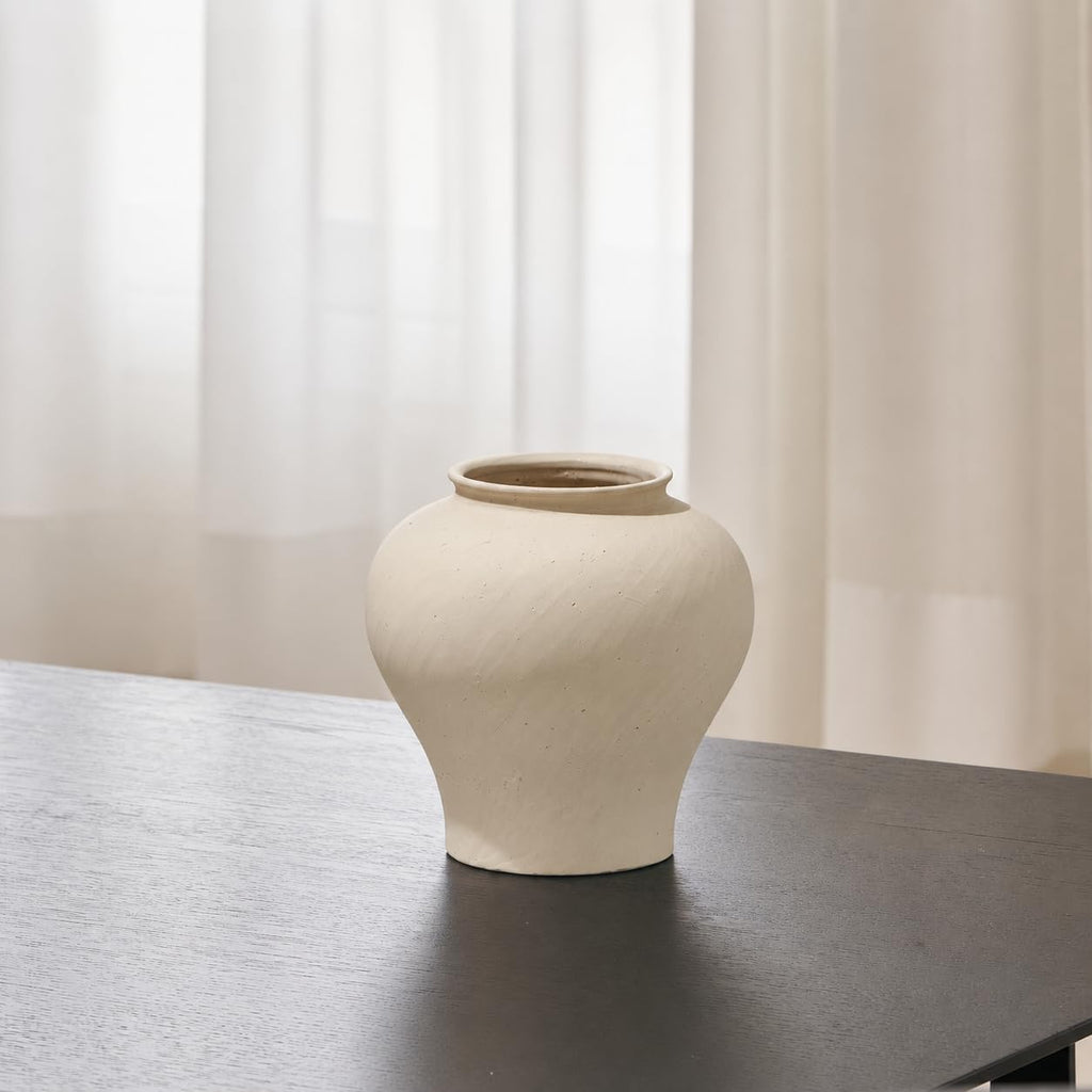 White Ceramic Rustic Vase, 9.7" Tall Zen Style Terra Cotta Pitcher, Distressed Farmhouse Decor, Pottery Decorative