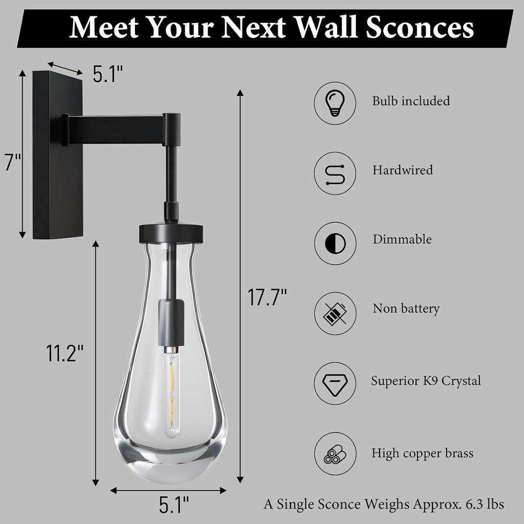Raindrop Brass Crystal Wall Sconce: Set of 2 Clear Solid Indoor Sconces with Bulbs - Dimmable Vanity Lamp - Luxury