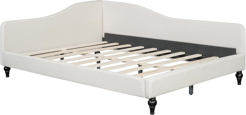 Full Bed Frame Daybed, L-Shaped Linen Corner Sofa with Solid Wood Legs & Guest Room, No Box Spring Needed, Beige